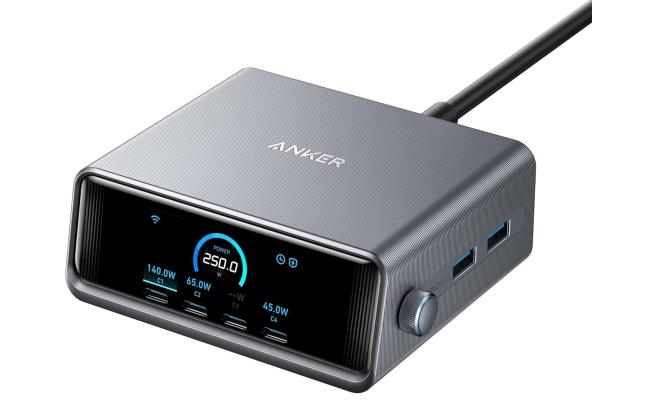 Anker Prime Charger, 250W GaN Prime USB C Charging Station, Ultra-Fast 6-Port, 2.26" LCD Display and Smart Control Dial, Compatible with MacBook Pro/Air, iPhone 16/15/14, Galaxy, and More - Silver
